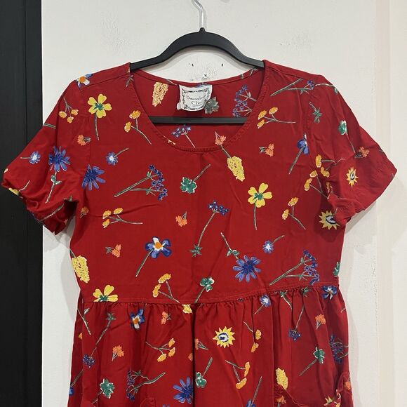 Vintage Red Floral Dressing Clio Dress Petite Medium Pockets Cottage Kidcore - Picture 3 of 9